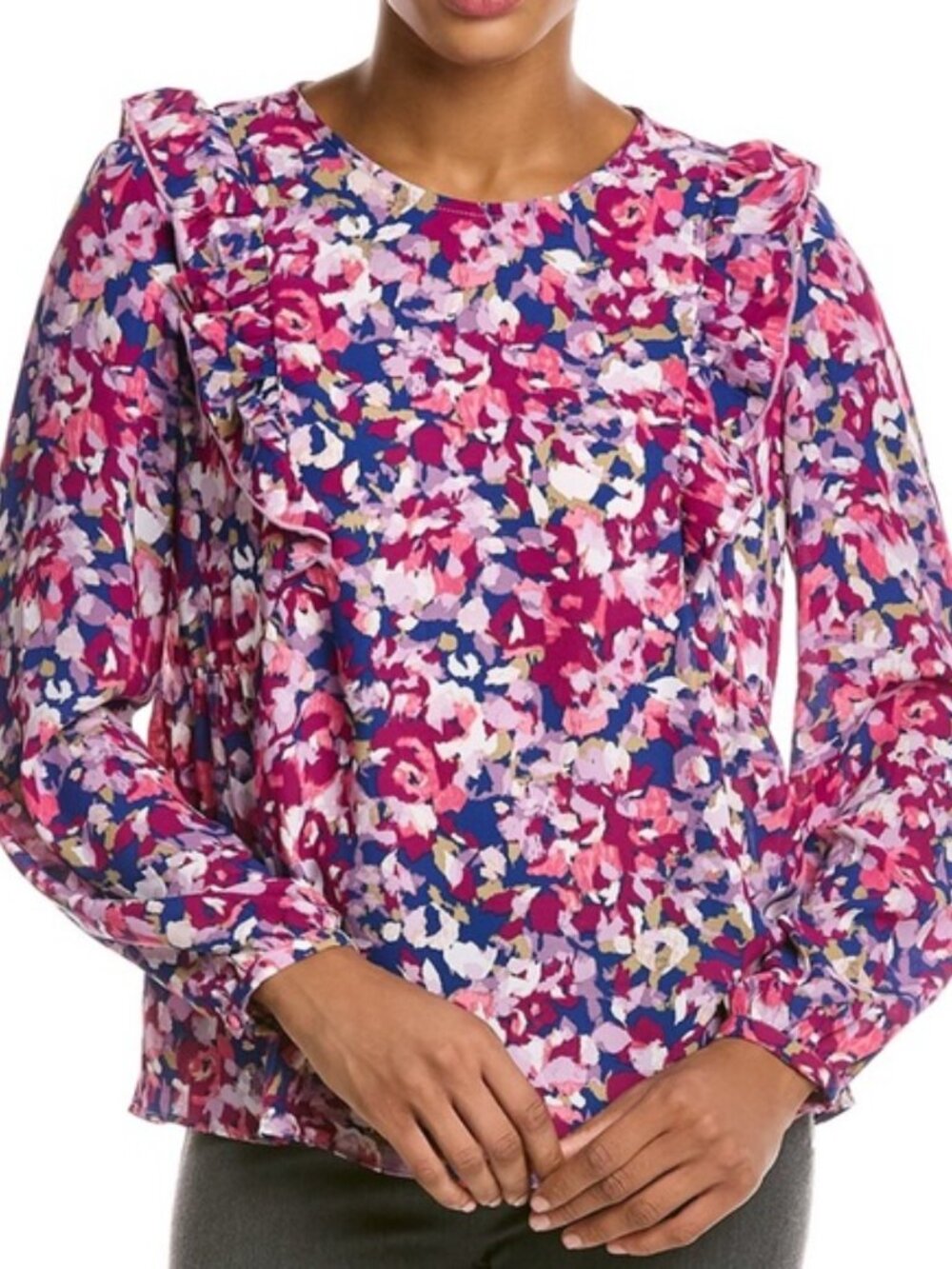 Nanette Lepore Floral Print Ruffel Detail in Pink Carmine Women's Sz Large